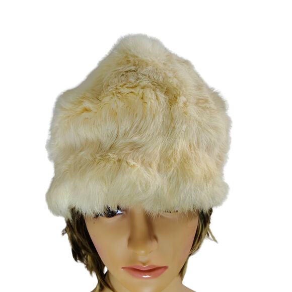 1950s Cream Real Rabbit Fur Tall Pillbox Cossack Winter Hat - Picture 4 of 8